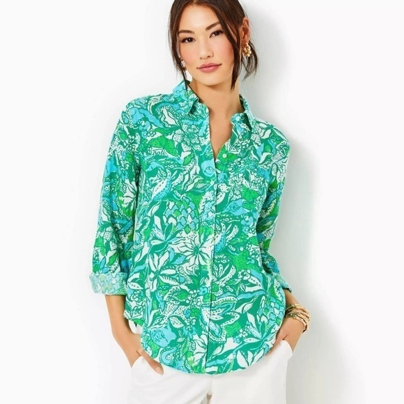 Lilly Pulitzer Tops - Lilly Pulitzer Botanical Green Safari Sangria Seacoast Linen Blouse, NWT, Large